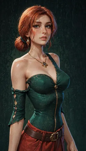 (reiq meets innv and Jack cayless art style), (Incase style:1.2), ((Triss)), beautiful girl, ginger hair, bangs over eye, symmetrical green eyes, freckles, snub nose, plumb lips, parted lips, teeth visible, half-closed eyes, perfect natural breasts, erect puffy nipples, 1girl, solo, (motion lines), on waist, beautiful curves of the body, bare shoulder, gold jewelry, necklaces, earrings, realistic detailed, deep insertion, rim light, dressed, (dark green background, simple background:1.8), skin texture, futuristic-fantasy-anime, incase, style, <lora:sd_xl_turbo_lora_v1-64dim:2>, <lora:futureistic_fantasy_anime_sdxl_v1:2>, <lora:Incase_Style__SDXL:2>, triss_merigold, red, hair, weapon, knife, belt, necklace, jewelry, <lora:trissASP:.8>