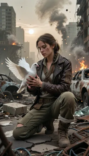 Award-winning contest photograph, hyper-realistic wide-angle cinematic portrait shot on heavy 35mm film grain, set within a vast, hostile post-apocalyptic urban wasteland under a crushing, toxic ashen sky. Masterpiece composition with flawless technical precision. The atmosphere is heavy with dense smog, chemical dust, and distant smoke plumes, with glowing dust motes floating through the space, illuminated by a pale, veiled sun and the flickering light of faraway fires. A young woman in her early twenties, surviving in this harsh wasteland, is kneeling on both knees upon cracked, buckled asphalt heavily eroded and littered with rusted, gutted car frames, burnt-out vehicle chassis, collapsed concrete slabs with exposed twisted rebar, scattered broken glass, and tangled copper wiring. Her entire focus is on her hands, central to the composition and locked in razor-sharp focus. Her calloused, soot-caked, grime-embedded hands gently cup a stark white domestic dove. The dove's immaculate white feathers tense, its wings half-spread and alert, ready to launch, held securely yet gently by this intricate weave. Her survivor attire features a functional, scavenged Mad Max and Fallout aesthetic, a worn dark brown leather biker jacket heavily patched with coarse canvas and tarnished brass rivets, over a faded thermal knit shirt and a rugged utility harness with small pouches. She wears heavily faded olive-drab canvas cargo trousers, shredded at the knees and stained with oil and dried mud, tucked into heavy scuffed combat boots wrapped in cloth bindings. Her dirty auburn hair is loosely woven into a messy braid with stray strands framing a face streaked with soot, dust, and sweat. Her expression is a quiet mixture of reverence, exhaustion, and hope. Her hands show a clear anatomical layering, Her right hand forms the base, supporting the dove's belly. Her left hand, partially obscured, is positioned intricately beneath and slightly over the right, its fingers woven around to lock the form. The texture on both hands is rugged, dry, cracked skin, deep soot in the knuckles, callouses, and dirt under short fingernails. The layering shows distinct finger joints and visible tendons preventing any merge. The background features towering concrete skyscrapers standing as hollowed-out skeletal husks with shattered windows and twisted metal frameworks. The scene is bathed in dramatic, ominous light filtering through heavy haze, casting harsh shadows across the woman's face, her rugged clothes, and the detailed grime on her interwoven hands. Shot with a prime lens at f/2.8, creating a volumetric depth of field where the crumbling, ash-dusted cityscape melts into soft background bokeh while keeping the woman, her interwoven hands, and the fluttering dove in razor-sharp detail.