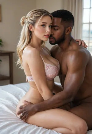 Photorealistic, (interracial), 1woman, 30yo, highly detailed perfect female hands, wedding ring, blonde braided updo hairstyle, (beautiful:1.8), highly detailed face, (highly detailed wide open eyes), defined cheek bones, small features, thin nose, (mouth open), (shocked expression:1.2), (blushing bright pink cheeks), (curvy:1.7), natural medium saggy breasts, (sexy White Agent_Provocateur wedding floral lace bra), (cleavage), (no panties), micro-waist, ultra-wide hips, bubble butt, long sexy legs. The sexy woman has sex with a strong Black man, straddling him, on his lap, facing him, her legs are wrapped around him, (embracing him as he fucks her), (face-off sex position), (deep penetration), (1man:1.7), Black, (sitting upright on the bed), facing her, (ultra-muscular:1.5), (attractive:1.8), tall, (highly detailed male face:1.8), highly detailed eyes wide open, strong features, highly detailed male hands, in a honeymoon suite, bed, windowsill, huge window, city-scape scene through the window in background, luxury modern hotel, sunset, (side view), (close-up), (source_real), ultra-realistic, RAW photo, DSLR, sharp focus, Canon EOS R5, 85mm lens perspective, f/1.8, shallow depth of field, medium shot, eye level, subject in sharp focus, background softly blurred, (bokeh), highly detailed skin texture, visible pores, subsurface scattering, consistent limb length, correct anatomical proportions, natural color grading, warm 3200K golden hour tones, cinematic composition, rule of thirds, ultra-high resolution, 4K / 8K, highly detailed, masterpiece, best quality, intricate details, score_9, score_8_up, score_7_up, <lora:dAIversityUnderstandingXLRealistic:.5>, <lora:attractive_notrigger:2>, <lora:Portrait_perfection:.8>, <lora:EnvyBetterHiresFixXL01:.8>