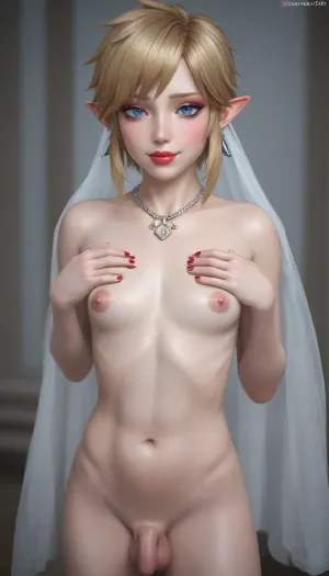 4k, hd, link from zelda man big lips red lips eyeliner blush, wedding, smile pouting kiss lips face, photo realism, happy sexy face, short hair, femboy with breast, makeup, nude, big long erect massive puffy nipples, big massive long fat woman milf saggy torpedo enhanced tits boobs, trap, whore, shy smile, navel, jewelry, necklace, earrings, 3d, red nails, red lips, stud earrings