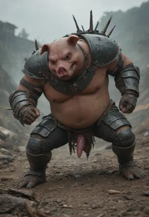 ((Full body view, ((no background)))), ((a 18yo naked woman, orgasm face, orange bob cut hair, tanned skin, flat chest, moaning, standing bend over)), ((fucked in the ass from behind by a big cum dripping knot from a monster pig:1.1), (monster pig:1.1), evil grin), Ogre, Battle, Pig, armor, monster, creature, <lora:detailed_notrigger:1.1>, <lora:OgreXL:.8>