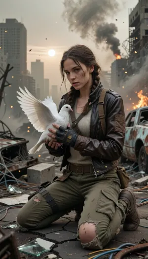 Hyper-realistic wide-angle cinematic portrait shot on heavy 35mm film grain, set within a vast, hostile post-apocalyptic urban wasteland under a crushing, toxic ashen sky. Masterpiece composition with flawless technical precision. The atmosphere is heavy with dense smog, chemical dust, and distant smoke plumes, with glowing dust motes floating through the space, illuminated by a pale, veiled sun and the flickering light of faraway fires. A young woman in her early twenties, surviving in this harsh wasteland, is kneeling on both knees upon cracked, buckled asphalt heavily eroded and littered with rusted, gutted car frames, burnt-out vehicle chassis, collapsed concrete slabs with exposed twisted rebar, scattered broken glass, and tangled copper wiring. Her entire focus is on her hands, central to the composition and locked in razor-sharp focus. She wears distressed, fingerless tactical gloves made of dark, worn leather with reinforced knuckles, revealing only her soot-caked, calloused fingertips. Her gloved hands gently cup a stark white domestic dove. The dove's immaculate white feathers tense, its wings half-spread and alert, ready to launch, held securely yet gently by this intricate weave. Her survivor attire features a functional, scavenged Mad Max and Fallout aesthetic, a worn dark brown leather biker jacket heavily patched with coarse canvas and tarnished brass rivets, over a faded thermal knit shirt and a rugged utility harness with small pouches. She wears heavily faded olive-drab canvas cargo trousers, shredded at the knees and stained with oil and dried mud, tucked into heavy scuffed combat boots wrapped in cloth bindings. Her dirty auburn hair is loosely woven into a messy braid with stray strands framing a face streaked with soot, dust, and sweat. Her expression is a quiet mixture of reverence, exhaustion, and hope. Her hands show a clear anatomical layering, her right gloved hand forms the base supporting the dove's belly, while her left hand is positioned intricately beneath and slightly over the right, its exposed fingertips lightly woven to lock the form. The leather of the gloves is cracked and grime-embedded, showing worn stitching. The background features towering concrete skyscrapers standing as hollowed-out skeletal husks with shattered windows and twisted metal frameworks. The scene is bathed in dramatic, ominous light filtering through heavy haze, casting harsh shadows across the woman's face, her rugged clothes, and her gloved hands. Shot with a prime lens at f/2.8, creating a volumetric depth of field where the crumbling cityscape melts into soft background bokeh while keeping the woman, her gloved hands, and the fluttering dove in razor-sharp detail.