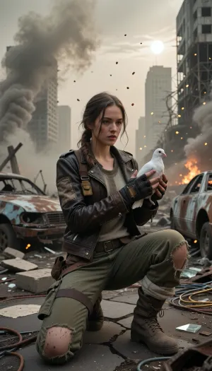 Hyper-realistic wide-angle cinematic portrait shot on heavy 35mm film grain, set within a vast, hostile post-apocalyptic urban wasteland under a crushing, toxic ashen sky. Masterpiece composition with flawless technical precision. The atmosphere is heavy with dense smog, chemical dust, and distant smoke plumes, with glowing dust motes floating through the space, illuminated by a pale, veiled sun and the flickering light of faraway fires. A young woman in her early twenties, surviving in this harsh wasteland, is kneeling upon cracked, buckled asphalt heavily eroded and littered with rusted, gutted car frames, burnt-out vehicle chassis, collapsed concrete slabs with exposed twisted rebar, scattered broken glass, and tangled copper wiring. Her entire focus is on her hands, central to the composition and locked in razor-sharp focus. She wears distressed, fingerless tactical gloves made of dark, worn leather with reinforced knuckles, revealing only her soot-caked, calloused fingertips. Her gloved hands gently cup a stark white domestic dove. Her survivor attire features a functional, scavenged Mad Max and Fallout aesthetic, a worn dark brown leather biker jacket heavily patched with coarse canvas and tarnished brass rivets, over a faded thermal knit shirt and a rugged utility harness fitted with small pouches. She wears heavily faded olive-drab canvas cargo trousers, shredded at the knees and stained with old oil and dried mud, tucked into heavy scuffed combat boots wrapped in cloth bindings. Her dirty auburn hair is loosely woven into a messy braid with stray strands framing a remarkably expressive face streaked with soot, dust, and sweat. Her expression is a quiet mixture of reverence, exhaustion, and hope. The background features towering concrete skyscrapers standing as hollowed-out skeletal husks with shattered windows and twisted metal frameworks. The scene is bathed in dramatic, ominous light filtering through heavy haze, casting harsh shadows across the woman's face, her rugged clothes, and her gloved hands with the perfectly rendered dove. Shot with a prime lens at f/2.8, creating a volumetric depth of field where the crumbling cityscape melts into soft background bokeh while keeping the woman, her gloved hands, and the fluttering dove in razor-sharp, flawless detail.