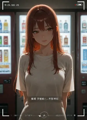 realistic candid night portrait of a young woman with same hair, wearing a white short-sleeved top. She stands with her body angled slightly to the side, turning her head to look softly and melancholically at the camera. The background features a blurred vending machine with Japanese text illuminated by cool light on the left, contrasted by warm, hazy street lighting on the right. The image mimics a 35mm film snapshot with heavy grain, soft focus, low contrast, and natural skin imperfections, capturing a raw, lo-fi aesthetic. Exact pose and camera angle