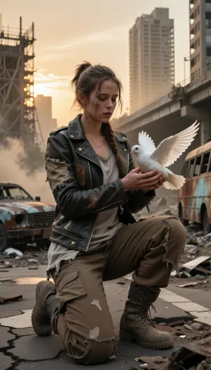 Photorealistic cinematic portrait shot on super 35mm film in a post-apocalyptic city wasteland. A young woman in her early 20s with a rugged, dust-streaked face kneels reverently on one knee upon cracked, rubble-strewn asphalt. Her cupped hands gently hold a delicate white domestic dove with its wings half-spread, tensing and preparing to launch into immediate flight. She is wearing a weathered, scavenged survivor outfit featuring a heavily scuffed patchwork leather biker jacket reinforced with brass rivets and canvas patches, layered over tattered cotton shirts, rugged brown canvas cargo pants with knee pads, and thick mud-caked combat boots. Her messy, dusty hair is tied back in a loose braid. Surrounding her is a completely destroyed urban apocalypse, featuring skeletal skyscraper ruins with exposed rebar, a collapsed freeway overpass, rusted burnt-out cars, a derelict bus, and air hazy with drifting dust and smoke. Dramatic golden hour sunset light filters through the atmospheric haze, creating a cinematic depth of field with realistic f/2.8 bokeh, fine film grain, and high detail on textile textures, dust particles, and the bird's white feathers.