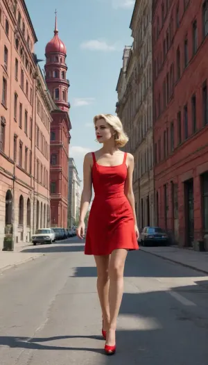 (detailed drawing with clean lines and meticulous shading, flat colors, line art, no gradients), hot naughty blonde in red short summer dress walking down the street, Stalin empire style buildings in background, the soviet era, USSR epoch