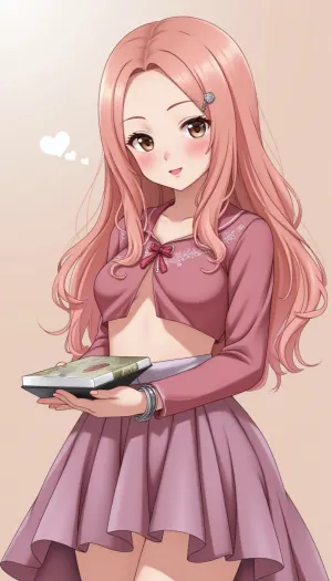 Imagine an anime girl named Maria Rose — in her image romance and light audacity are mixed.
She has long wavy hair the color of a dusty rose., they seem to shimmer from warm peach to cool lilac, and the strands fall freely over her shoulders and back, only in some places caught by thin ribbons to match. On one side of the hairstyle is decorated with a hairpin — a tiny silver rose with a pearl core.
Maria Rose's face is soft but expressive, rounded cheeks, a neat nose and high cheekbones that give her features a slight aristocratic air. Her eyes are large, almond—shaped, the color of dark amber, a mischievous twinkle flashes in them, then a quiet thoughtfulness appears. Long eyelashes make her look even deeper, and when she frowns, a tiny crease appears between her eyebrows, as if she is seriously considering some important secret.
Her lips are full, slightly curved in a half‑smile, it seems that she is about to laugh or say something unexpectedly wise for her age. There is a small star—shaped mole on his left cheek.
She is dressed in an outfit that feels both dreamy and adventurous, a full skirt made of translucent tulle over thick fabric, colors ranging from plum to lavender, like a sunset sky. On top is a cropped jacket with embroidery in the form of curly stems and buds. There is a neat velvet ribbon bow on the collar. On his feet are black boots with thick soles, slightly rough, but they add to the image of that bold touch.
Her accessories are thoughtful and symbolic, on her wrist is a thin bracelet with rosette pendants, on her neck is a pendant in the shape of a drop, inside which a petal seems to have frozen. In her hands she holds a battered notebook with an embossed pattern, there she writes down other people's stories, her dreams and random phrases that she wants to remember forever.