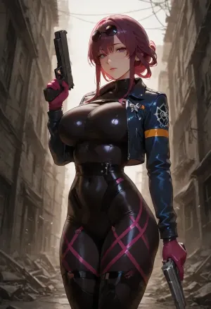 kafka, tight black leggins, short police jacket, bare stomach, anime style, detailed shading, in The abandoned city, holding a pistol