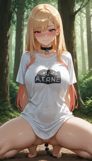 marin kitagawa, alone in forest, t-shirt over naked body, embarassed face, strong blush, anime style, detailed shading, anal beads, big metal collar, kneeling, spreading legs