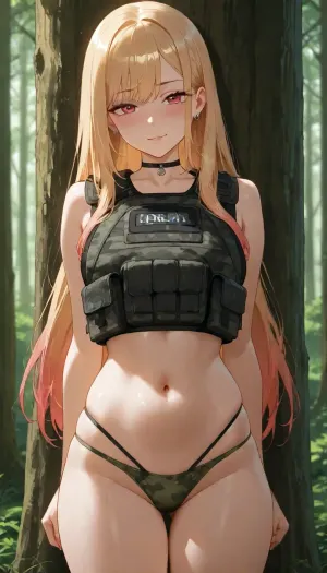 marin_kitagawa from sono_bisque_wa_doll, alone in forest, horny expression, anime style, detailed shading, bulletproof vest over naked body, bare stomach, camouflage panties