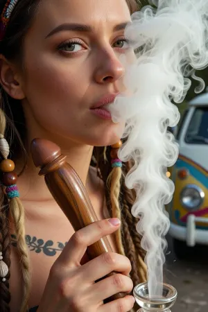 Masterpiece, ultra realistic extreme close-up cinematic portrait, a naturally beautiful hippie woman, 33 years old, her face filling almost the entire frame, forehead and chin touching the frame edges, only tiny portions of her tattooed upper décolletage visible at the bottom edge, a few blonde dreadlocks wrapped with colorful threads, wooden beads and tiny shells entering from the sides, a small section of her handmade hippie headband barely visible near the upper frame edge, every facial feature rendered with extraordinary precision, hyperrealistic skin texture with visible pores, fine peach fuzz, subtle freckles, natural sun-bronzed skin with a gentle oil sheen, perfectly detailed irises with intricate radial patterns, crystal-clear catchlights, individually visible eyelashes, realistic eyebrows, finely textured nose, detailed lips and authentic facial anatomy, her left hand delicately holding a long, slender, finely carved wooden hookah mouthpiece, elegant and handcrafted with visible natural wood grain, smooth polished finish and a graceful elongated shape, positioned lightly between her fingertips just below her softly rounded lips, a small section of the transparent crystal-glass hookah together with its single continuous crystal-clear hose visible near the lower edge of the frame, the hose extending seamlessly toward the mouthpiece, her lips forming a gentle rounded pout while she forcefully exhales a dense, thick, brilliant white cloud of hookah smoke directly into the camera, the smoke traveling straight toward the viewer, expanding into rich volumetric layers and partially concealing her nose, mouth and cheeks, her expressive eyes remaining visible through the translucent haze, dramatic golden afternoon light illuminating the smoke from the side, subtle warm highlights, the colorful hand-painted 1972 Volkswagen Beetle and the alpine mountain pass dissolving into an extremely soft creamy background blur, masterpiece quality, HDR, 8K, razor-sharp focus locked on the eyes, eyelashes, lips and skin texture, extraordinary realism, premium cinematic photography.