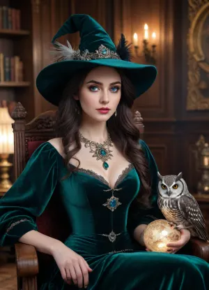 Wizard School, A beautiful young witch with long, thick, wavy black hair, pale skin, expressive eyes, and full lips sits in a luxurious armchair upholstered in dark green velvet. She is wearing a large black pointed witch’s hat with a wide brim. She is dressed in a shimmering emerald-green satin dress with bare shoulders, long sleeves, intricate silver filigree embroidery on the chest and cuffs, and an exquisite silver necklace. Next to her, perched on the armrest of the chair, sits her familiar—a large owl with bright yellow eyes, detailed brown, black, and white plumage, and sharp talons. Near her, on a round wooden table, stands a magical crystal ball on a stand. The background is an elegant study with tall bookshelves filled with books in multicolored bindings, warm, dramatic lighting, a swirling mystical mist in the air, glowing particles floating in the crystal ball, and cinematic, three-dimensional lighting with rays of light. A masterpiece, top quality, ultra-detailed, realistic textures of satin, velvet, feathers, and wood, fantasy art, mystical atmosphere, Soft bokeh, *The Beautiful Witch and Her Familiar*., <lora:Portrait_perfection:.8>, bright, blue, eyes, <lora:bright_blue_eyes:.8>