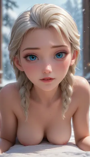 Anna from frozen, looking at viewer, prone bone, biting lip, 20yo, side_light, (the landscape of iceland:.3), 1girl, white hair, snowing, (overfit style:1.3), sweat, hanging breasts, (masterpiece, best quality, ultra high res:1.2), (beautiful face, exquisite face, skin texture:1.2), <lora:princess_xl_v2:1.4>