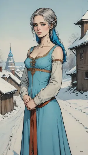 (detailed drawing with clean lines and meticulous shading, flat colors, line art, no gradients), young slavic beauty, bright blue eyes, ash-coloured hair, gorgeous figure, 16th century Russian dress, (full-bofy view), (fantasy art, artwork), in winter, medieval russian village, <lora:Moebius (Jean Giraud) Style:1.5>, <lora:outline_xl_kohaku_delta_spv5x:2>, <lora:lineartSDXL:.5>, <lora:sketch_it:2>