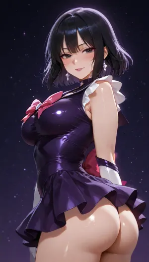 (((delicious ass cheeks))), (((brightly lit image))), pink bow in back, 25 year old slut bitch girl of your dreams, glistening purple sweetie wife with toned firm body, ((Sailor Saturn)), medium skirt, ((highly detailed face, dark eyes, lipstick)), ((costume cosplay sailor saturn dress purple satin and lace slut wife)), 38BB medium breasts, slight cleavage, slut wife, subtle smile, side pose pop hip to side, (goth:.9), (cute starry cosmic background)