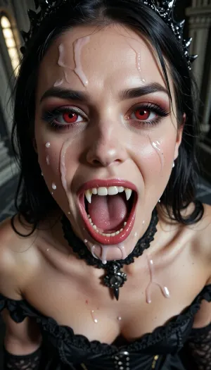 Close up, 30 years old beautiful, sensual erotic vampire queen, cum everywhere, gothic castle, black hair, black corset dress, Vampire Queen with cum all ovwr face, close up, bright red seductive eyes, (((very long vampiric fang teeth))), ultrarealism, solo, focus, pov, fangs, (horny look, excited, orgasm, moaning), <lora:BUT_SDXL_SHS:2>, <lora:MJ52:.1>, <lora:add-detail-xl:1.5>, <lora:sunnyrayyxo_v1_SDXLBase:1.1>
