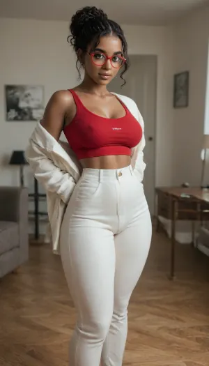 Candid picture of a sexiest light skinned black African American curvy but not fat pawg with mocha skin, short black hair, big brown pretty eyes, a tiny waist, perfect shaped ass covered by white pants, red rimmed glasses and a white jacket over a red tank top. She's inside a conference room and has a huge smile on her face.
