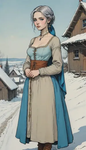 (detailed drawing with clean lines and meticulous shading, flat colors, line art, no gradients), young slavic beauty, bright blue eyes, ash-coloured hair, gorgeous figure, 16th century Russian dress, (full-bofy view), (fantasy art, artwork), in winter, medieval russian village, <lora:Moebius (Jean Giraud) Style:1.5>, <lora:outline_xl_kohaku_delta_spv5x:2>, <lora:lineartSDXL:.5>, <lora:sketch_it:2>