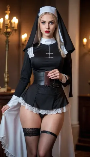 (Sexy Sweet Tempting Woman), Professional sexy seduction modelposes, supermodel, perfect lighting, ultra realistic, 8k resolution, ultra detailed, instagram model, professional photography, night, dim lighting, Candlesticks, Crusaders, Holding a Book, ((cosplay nun)), luxurious ash blond hair, Blue eyes, Sexy lips, (Sheer fabric, Lace, Battle Nun Outfit), (Black chain garter belt, stockings), natural big round breasts, nordic, flirty, bashful, seductive, lusty, playful, Healthy slim body, Tall, very long legs, hourglass figure, Sweet face, perfect face, lifelike face, real face, very beautiful face, detailed face