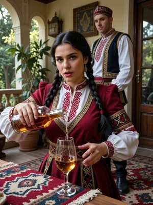 колоритная армянка на веранде, армянские черта лица, выразительный нос, гостеприимно наливает армянский коньяк в бокал гостю в национальном костюме, стоящему рядом, динамичный момент движения, живые эмоции, уютная веранда с зеленью и ковром ручной работы, тесный план, кинематографичный свет, фотореализм.