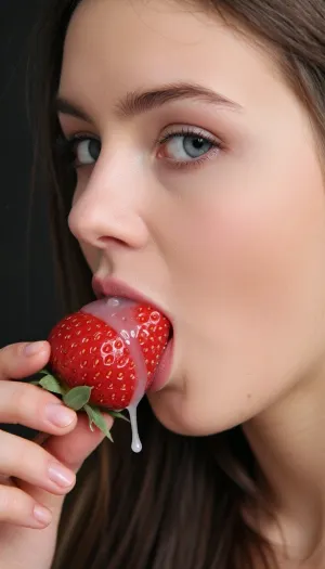 A Photograph of a 25yo beautiful girl with Grey eyes. She eats a strawberry, ((strawberry is topping with sperm:1.1)), sperm dripping, Side View., ((A cock ejaculating of the strawberry)), .