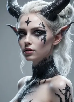 (face close up, portrait:1.2), grey background, a dark demon girl with black horns, (pitch black eyes, cosmic black:1), bright bleach white tips hair, well lit, very skinny, nude, cosmic pattern on skin, FRESHIDEAS, Devil, girl, SnowStyle, <lora:BD1.1-000009:1.7>, <lora:FRESHIDEAS Devil girl:1.9>, <lora:SDXLFestiveSnow:1.2>