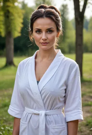 country medical in Russian village, mature, 40 years old, Slavic face, high cheekbones, slightly slanted gray-green eyes, dark brown hair pulled back into a messy bun at the nape of her neck, few stray strands framed her face, slightly disheveled but more attractive appearance, short white medical robe fit her perfectly emphasizing her wide hips and huge breasts, outdoors, ((full-body view))