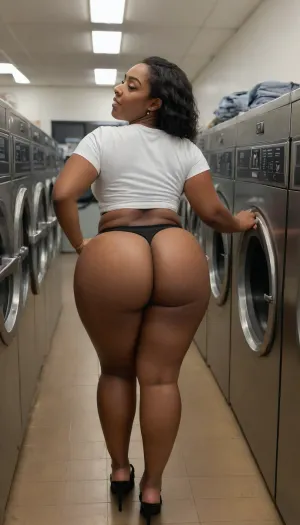 Candid picture of a sexiest black girl pawg fully clothed at a laundry mat.