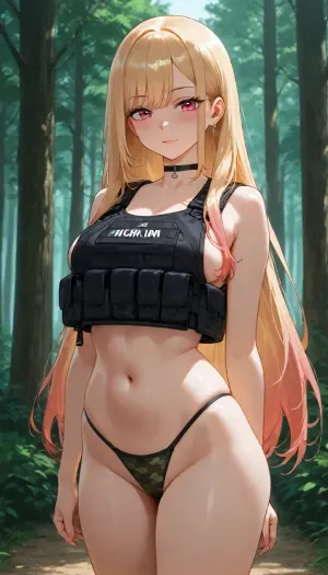 marin_kitagawa from sono_bisque_wa_doll, alone in forest, horny expression, anime style, detailed shading, bulletproof vest over naked body, bare stomach, camouflage panties