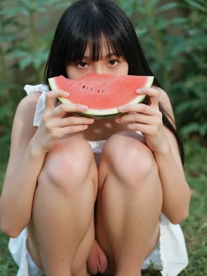 Young asian girl, long straight black hair with bangs, white slip dress with shoulder bow straps, squatting in outdoor green plants and grass, holding a red strawberry in front of face with both hands, fresh soft forest natural light, subtle film grain, shallow depth of field, fair matte skin. The reproductive organs are clearly visible, and the reproductive organs should not be blurred or unclear. Focus on the face and vagina. full face visible, watermelon not covering mouth

dim indoor ambient light, soft dark warm tone, film photography texture, character pose composition exactly same as reference image.

Pure young East Asian girl with full face visible, long straight black hair with neat bangs. The face is clearly visible. Fair smooth skin without dullness or greasy shine, full thighs exposed, inner thigh root uncovered.

legs tightly closed, labia invisible.

The vulva and surrounding tissues have light pink natural skin and mucosal colors, without deep red or purple-red colors. The visualization shows fine skin texture, soft mucosal qualities, and natural moist surface appearance.
The mons pubis is represented as a soft skin and subcutaneous tissue structure with natural skin texture and smooth contours.
The labia majora are represented as relatively small, smooth external skin structures with simple soft contours, delicate surface texture, and no prominent folds or raised patterns.
The labia minora are represented as thin, soft mucosal structures with a smooth delicate surface, subtle natural texture, and gentle moist shine.
The clitoris is shown as a clearly identifiable anatomical structure with a defined contour, smooth surface, natural mucosal texture, and soft gloss, clearly separated from surrounding structures.
The vestibule is represented as a smooth mucosal area with a moist surface and soft reflections, showing clear anatomical features.
The external urethral orifice is represented as an independent and clearly visible opening structure with defined boundaries and a natural rounded contour, not appearing blurred or hidden.
The vaginal introitus is represented as a soft mucosal structure with smooth margins, a clear opening contour, a naturally rounded lower curve, and a moist surface with soft shine.
The greater vestibular gland openings are represented as subtle small anatomical structures with smooth surfaces, naturally integrated with surrounding mucosal tissue.

One shoulder strap slides down upper arm. Breasts are completely exposed and covered by clothes. Plump breasts. Small areola. and the nipple is small and three-dimensional. The areola is small and close to the nipple.