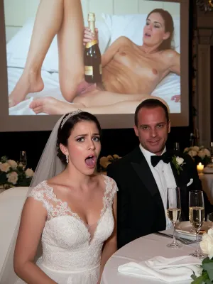 (ultra realistic photo:1.3), 8k UHD, (highly detailed:1.2), sharp focus, professional photography, cinematic lighting, raw photo, Fujifilm XT4, (detailed skin pores, hyper-realistic skin texture:1.2), medium photot. A beautiful bride in a white lace wedding gown, deep V-neckline, sheer veil, and sparkling tiara, (expression of horror and intense embarrassment, wide eyes, open mouth:1.2), . Beside her, a groom in a black tuxedo and bow tie, (smug expression, smirking, pleased:1.2), . They are seated at a wedding reception table with white linen, champagne glasses, and floral centerpieces. In the background, a, (large projection screen:1.3), clearly displaying a, (detailed explicit nude photo of the same bride masturbating with champagne bottle inside wet pussy on a bed, exposed pubic hair, intimate pose:.4), . Warm ambient reception lighting, shallow depth of field, bokeh background, high dynamic range, photorealistic, (intricate lace details, fabric textures:1.1), 8k resolution, masterpiece, highly defined features.