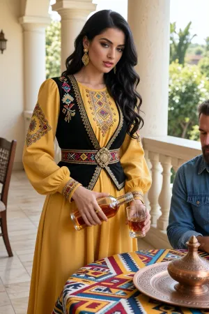 A photorealistic scene, A young Armenian woman with long, black, wavy hair, wearing makeup and large gold earrings, is dressed in a long yellow dress with traditional embroidery on the chest and sleeves. Over it, she wears a traditional black elak adorned with embroidery and cinched with an embroidered goti sash. She is standing on a light-colored veranda with white columns and a balustrade, pouring amber cognac from a glass bottle into a glass held in her left hand for a guest. In the foreground is a round table covered with a brightly embroidered tablecloth featuring a geometric pattern, on the table is traditional embossed copper tableware. A man is partially visible nearby—a bearded man in a blue denim shirt. Bright daylight, lush greenery in the background, highly detailed clothing and fabrics, cinematic lighting, an ultra-detailed image, a masterpiece. Sunny daylight, ultra-detailed, masterpiece