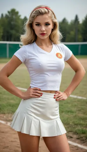 (pin-up poster in Valery Barykin art style), sexy sport activist, (22yrs, adult), pretty gold blonde in tennis field wearing skinny white t-shirt and short tennis skirt, nipples pokies, fit slim body, long hair, the USSR times, Soviet style, the soviet era, USSR epoch, full-body view