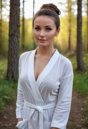 country medical in Russian village, mature, 40 years old, Slavic face, high cheekbones, slightly slanted gray-green eyes, dark brown hair pulled back into a messy bun at the nape of her neck, few stray strands framed her face slightly disheveled but more attractive appearance, mid-thigh length white medical robe fit her perfectly emphasizing her wide hips and huge breasts, outdoors, ((full-body view)), <lora:photorealistic_portrait_notrigger:2>, <lora:WildcardX-XL-Detail-Enhancer:2>, <lora:Adjust_SDXL_v3.0:2>, <lora:CinematicStyle_v1:2>, <lora:attractive_notrigger:.6>