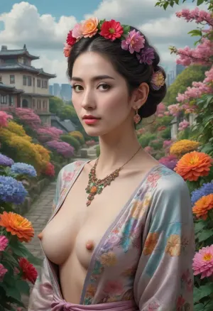 A surrealist engraving of a Japanese woman made of vibrant flowers, standing on a garden path with buildings and blooming bushes in the background. The woman’s skin is made of a dense tapestry of colorful flowers including pink, blue, red, orange, and purple hues, with green leaves forming her outline. She wears a floral crown and golden earrings. The garden path is lined with lush greenery and more flowers. Two large ornate buildings with multiple windows, balconies, and columns flank the path, their intricate architectural details visible. A cloudy sky is in the background., (nude:1.3), (pretty face:1.8), (perfect nose:1.8), (large breasts:1.2), (full body view:1.3), slender body, long legs, <lora:Midjourney Image Enhancer XL v1:1.2>