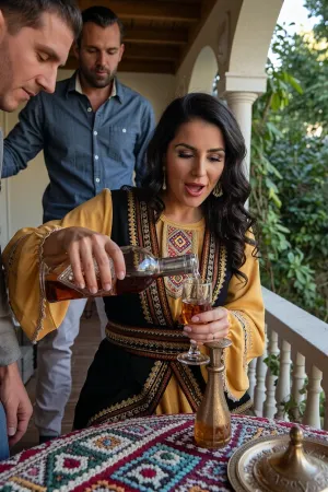 A photorealistic scene, A young Armenian woman with long, black, wavy hair, wearing makeup and large gold earrings, is dressed in a long yellow dress with traditional embroidery on the chest and sleeves. Over it, she wears a traditional black elak adorned with embroidery and cinched with an embroidered goti sash. She is standing on a light-colored veranda with white columns and a balustrade, pouring amber cognac from a glass bottle into a glass held in her left hand for a guest. In the foreground is a round table covered with a brightly embroidered tablecloth featuring a geometric pattern, on the table is traditional embossed copper tableware. A man is partially visible nearby, leaning forward and watching the pouring, in the background is a bearded man in a blue denim shirt. Sunny daylight, lush greenery in the background, highly detailed clothing and fabrics, cinematic lighting, ultra-detailed, masterpiece