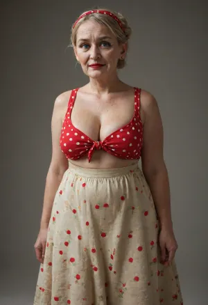 ((((kurdish granny)))), blonde hair bun, (((wrinkles, age marks, textured skin in the face, skin details, big eyes))), red lipstick, moles, poppy ears, curvy body, wide hips, thick thighs, wearing long flying skirt, and a red polka dot blouse, ((medium size boobs, huge large areolas barely visible in her cleavage)), ((very saggy boobs)), veiny boobs, heavy boobs, side back view