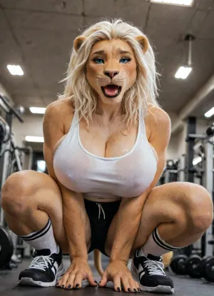 Simple background, masterpiece, best quality, amazing quality, gym scenario, ((anthro female, lion, anthrofied, feline, Beautiful face, blue eyes, White hair, two-tone fur, lion tail)), makeup, black lips, fangs, finger claws, (massive breasts), thick thighs, lean body, black claws, (sports clothing, white tank top, shorts, thighsocks, shoes, glossy glistening body), blush, sweat, dynamic angle, female focus, looking tired, detailed eyes, after workout, (sweaty clothing:1.2), Open mouth, tongue out, beautiful composition, intricate detail, intricate details, ultra-HD, looking at viewer, (((furry art, anthro woman))), high detail, (blurred background), squatting, low angle view, <lora:add-detail-xl:1.6>, <lora:LCMTurboMix_Euler_A_fix:1.3>
