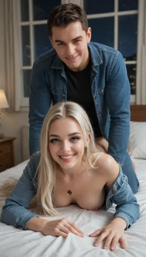 (pale woman:1.5), (fitness girl:1.2), (perfect smile:1.8), white blonde very long silky hair, full makeup, seductive, woman 20 years, she wearing denim jacket long sleeve and wear tight long jeans pants, small perky breasts, white man wear denim jacket long sleeve and long jeans visible, penis visible, huge cock, fuck, queen of spades tattoo, fucking in hotel room on bed, aggressive fuck, head down, hide face, laying on stomach, stockings, legs, prone bone creampie, man leaning from top, night, window light, flashlight, both wear same clothes
