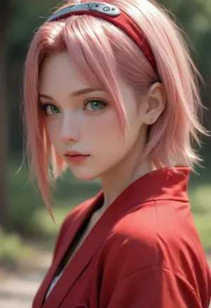 portrait of Sakura Haruno from Naruto, wearing a red yukata, pink hair, short straight hair, side locks framing her face, red headband, green eyes, cute, small nose, pink lips, athletic body, view from side