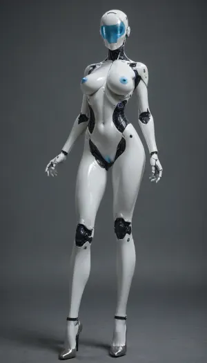 Advanced female robot, aluminum plating, heels, white, human shaped, womanly characteristics, nipples, long legs, standing, posing ready, hard plastic skin, humanoid sexbot, large white breasts, blue nipples, blue vagina