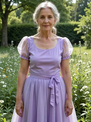 sunny green floral field, (Lady in Violet simple minimalist victorian sheer hoopdress:1.9), (((extremely aged grandma:1.9))), exploding tenderness