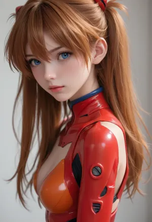 portrait of Asuka Soryu Langley from evangelion dressing, wearing a red plug suit, orange hair, straight hair, long twintails, blue eyes, cute, small nose, pink lips, athletic body, view from side