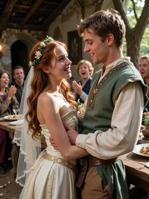 la scène représente un droit de cuissage, haut moyen age, intérieur, dans une cabane délabrée un sol en terre battue une jeune fille bergère rousse innocent magnifique en tenue de mariée de l'époque une couronne de fleurs sur la tête sans voile danse avec son époux un jeune berger en pourpoint vert cotellé ils sourient en se regardant dans les yeux près du banquet de son mariage en arriere plan les autres convives autour de la table chantent et rient en applaudisssant, innocente, skinny, hard natural sunlight, contraste d'ombre et lumière du soleil qui passe entre les arbres shallow depth of field, realistic facial proportions, detailed textures, warm earthy tones. focus sur le visage de la jeune fille qui sourit à son epoux, gros plan détails de la fille, menue, maigre, chétive, magnifique, élancée, skinny caucasian, visages très expressifs