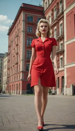 (in style of soviet propaganda poster of Stalin era), hot naughty blonde in red short summer dress walking down the street, Stalin empire style buildings in background