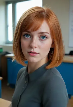 ld12, (masterpiece, best quality), warm and joyful atmosphere, (1girl), bob cut orange hairs, 2 clear blue eyes, (very:1.5), detailed face, beautiful eyes, perfect illumination, (best shadow), (realism:1.3), stand in office, (sexy secretary, grey uniform)