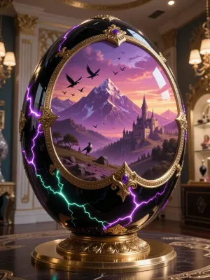 A magnificent faberge egg. Inside the eggshell is a magnificent mountain magenta sunset portrait with a flock of birds and a castle in the distance. The outside of the eggshell is shiny, glossy, obsidian black, with violet and emerald coloured lightning strikes running through and around the egg. the Faberge egg is on display on a gold podium, in a lavishly decorated showroom. With soft lights illuminating it. Utilising the best CGI rendering available. With impeccable attention to micro-detail and macro-detail. High detail, high sharpness. Golden hour. A world-class masterpiece artwork of meticulous exactitude., low-angle and wide angle shots. Neon Colour grading, fantasy matte painting, absolute masterpiece, detailed matte painting in the style of andreas rocha and greg rutkowski, in the style of Brothers Hildebrandt, superb composition, vivid fantasy art, breathtaking fantasy masterpiece. It's an absolute world-class masterpiece artwork. It's an aesthetically pleasing artwork with impeccable attention to detail and impressive composition.