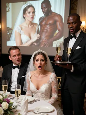 (ultra realistic photo:1.3), 8k UHD, (highly detailed:1.2), sharp focus, professional photography, cinematic lighting, raw photo, Fujifilm XT4, (detailed skin pores, hyper-realistic skin texture:1.2), medium photot. A beautiful bride in a white lace wedding gown, deep V-neckline, sheer veil, and sparkling tiara, (expression of horror and intense embarrassment, wide eyes, open mouth:1.2), . Beside her, a pale skinned groom in a black tuxedo and bow tie, (smug expression, smirking, pleased:1.2), . They are seated at a wedding reception table with white linen, champagne glasses, and floral centerpieces. In the background, a, (large projection screen:1.3), clearly displaying a, (detailed explicit nude photo of the same bride has sex with An extremely dark-skinned Black African waiter with an exceptionally good physique, exposed pubic hair, intimate pose:.4), The same African waiter stands in front of the couple in the real-life image, holding a tray with two glasses of champagne, he looks shocked, Warm ambient reception lighting, shallow depth of field, bokeh background, high dynamic range, photorealistic, (intricate lace details, fabric textures:1.1), 8k resolution, masterpiece, highly defined features.
