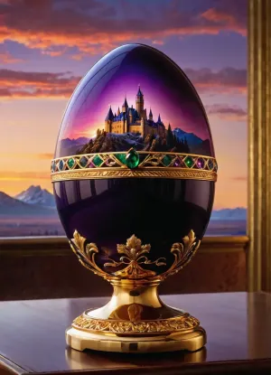 A magnificent faberge egg. Inside the eggshell is a magnificent mountain magenta sunset portrait with a flock of birds and a castle in the distance. The outside of the eggshell is shiny, glossy, obsidian black, with violet and emerald coloured lightning strikes running through and around the egg. the Faberge egg is on display on a gold podium, in a lavishly decorated showroom. With soft lights illuminating it. Utilising the best CGI rendering available. With impeccable attention to micro-detail and macro-detail. High detail, high sharpness. Golden hour. A world-class masterpiece artwork of meticulous exactitude., low-angle and wide angle shots. Neon Colour grading, fantasy matte painting, absolute masterpiece, detailed matte painting in the style of andreas rocha and greg rutkowski, in the style of Brothers Hildebrandt, superb composition, vivid fantasy art, breathtaking fantasy masterpiece. It's an absolute world-class masterpiece artwork. It's an aesthetically pleasing artwork with impeccable attention to detail and impressive composition.
