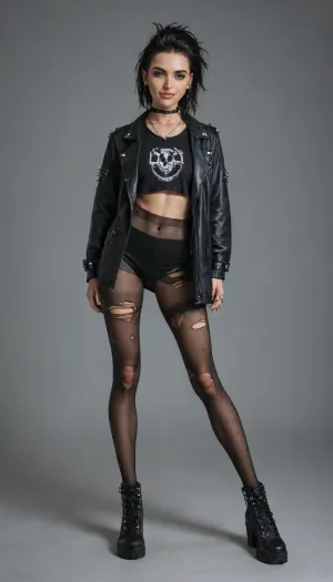 Punk girl, long black hair, black chocker, black jacket with spikes, with dtuds, (studs), (spikes), (chains), transparent ripped revealing pantyhose, black ripped nylon shirt revealing round tits. punk, long legs, perfect face, green eyes, horny smile, (full body)